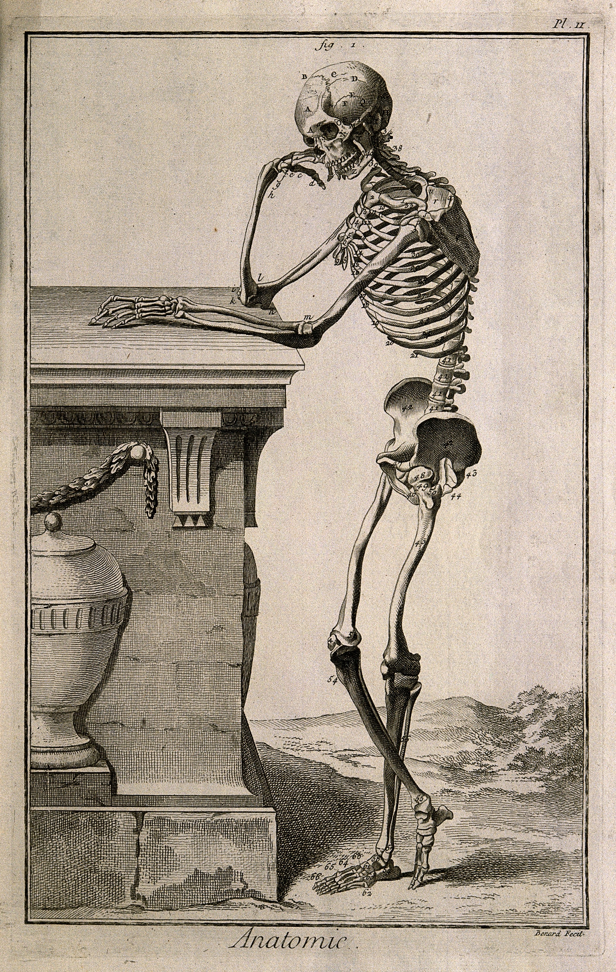 Illustration of a skeleton leaning against a pillar.